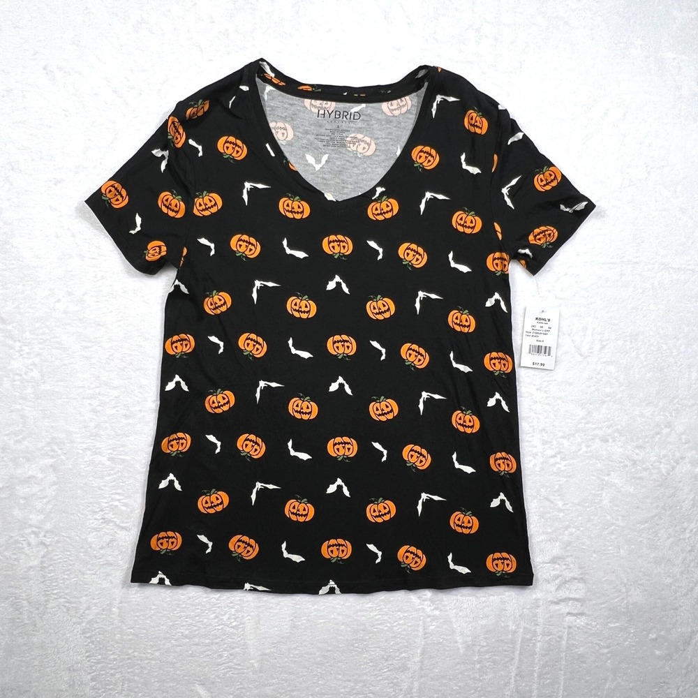 Hybrid Apparel Womens Halloween Pumpkin Bat V-Neck T-Shirt Black Small NWT